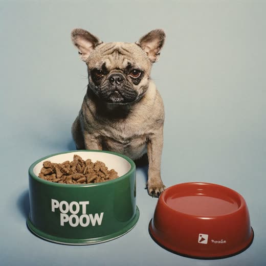 A pet food bowl and water bowl on a plain backdrop